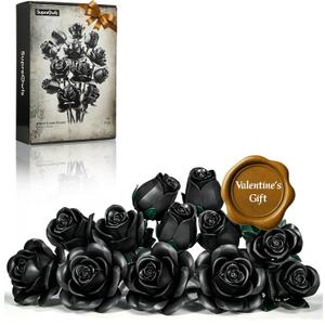 IATOM Black Rose Bouquet Building Set, 12Pcs Flower Botanical Collection Kit for Adult, Valentine's Day Gift for Her/Girlfriend/Mom/Wife/Couple, Gothic Vintage Home Office Table Centerpiece Decor