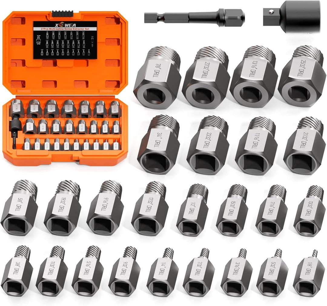 XEWEA Upgrade Screw Extractor Set, 27 PCS 3/8" Inch Drive Easy Out Bolt Extractor Set, Multi-Spline, for Removing Broken Studs, Bolts, Screws - More Convenient