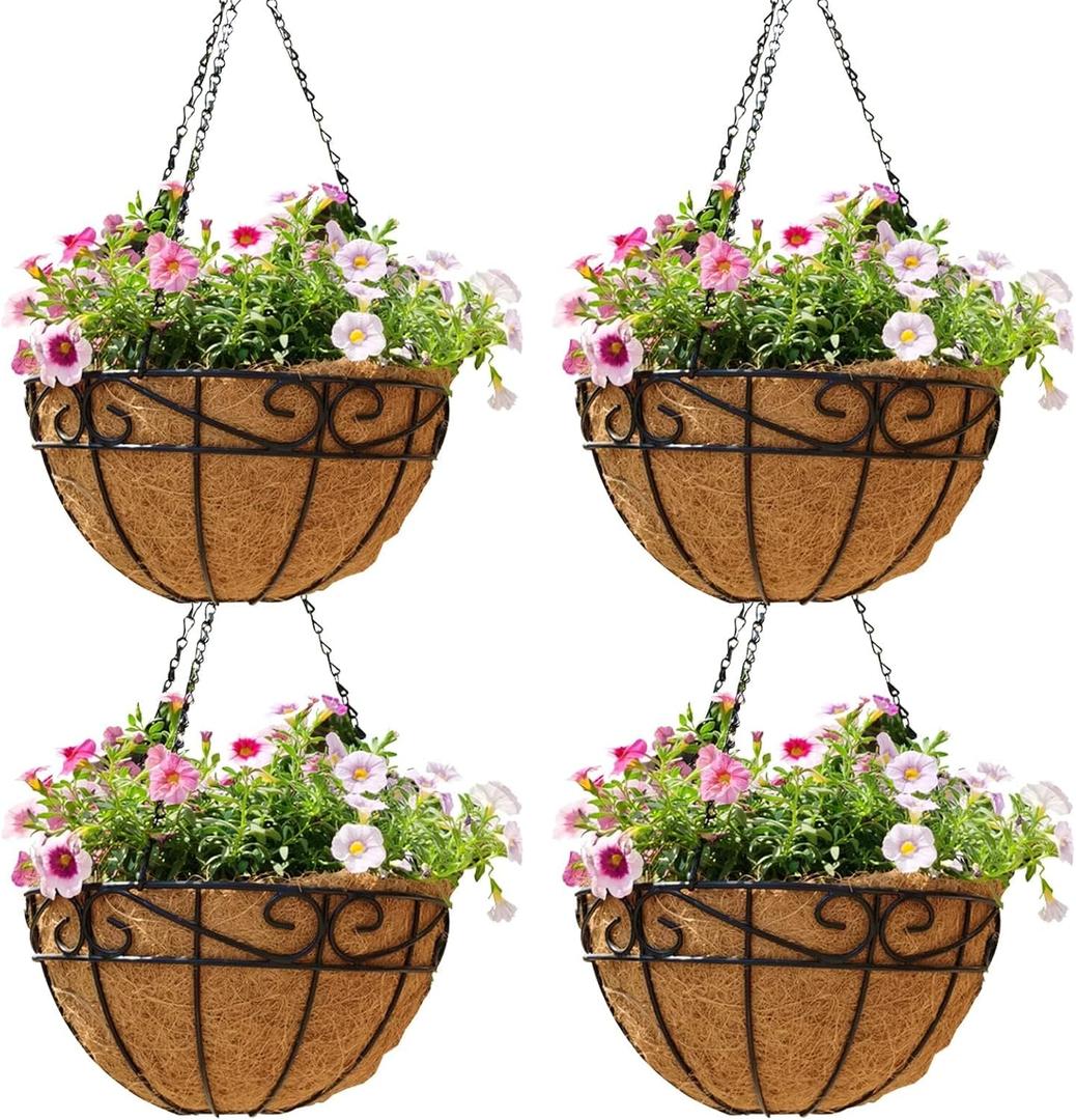 EIMQUVW Outdoor Metal Hanging Planters Basket (4pack, 14 inch) Hanging Baskets for Plants Chain Round Wire Plant Holder with Coco Fiber Liners for Garden, Patio, Deck, Porch(Flower Border)