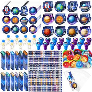 Cholemy 192 Pcs Space Party Favors Space Theme Supplies Outer Astronaut Stationery Set Notebook Bouncy Ball Sticker Stamper Eraser Ruler Pencil Bag for Galaxy Birthday Gift Classroom Prize