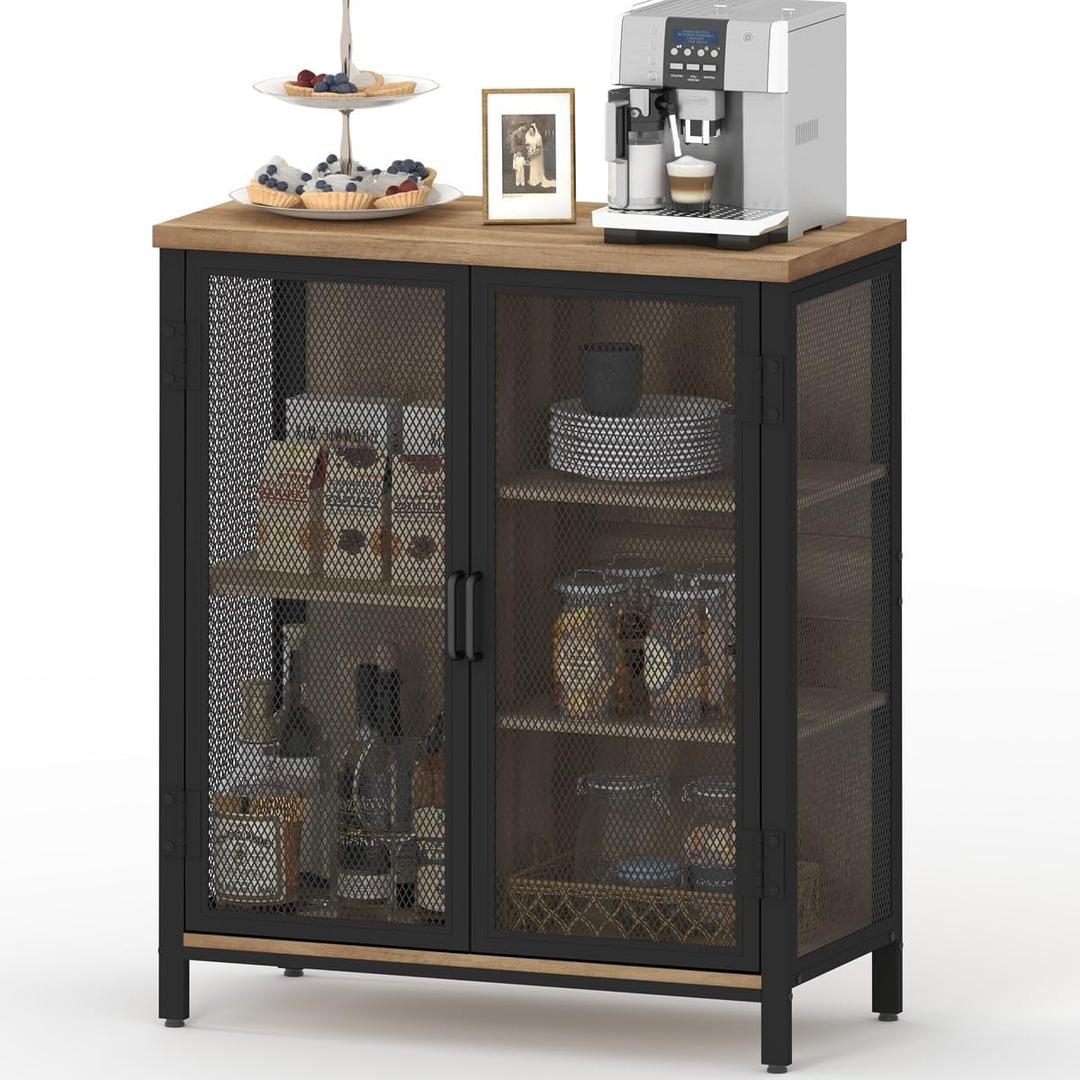 BON AUGURE Coffee Bar Cabinet with Storage for Home Kitchen, Rustic Liquor Cabinet for Entryway, Small Industrial Buffet Sideboard Cabinets for Dining Room (Vintage Oak)