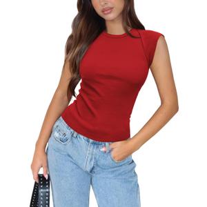 MIYIEONZ Women's Ribbed Tank Tops Trendy Casual Crew Neck Summer Club Cap Sleeve Slim Fitted Knit Basic Tee Shirts Blouse (Red, XL)