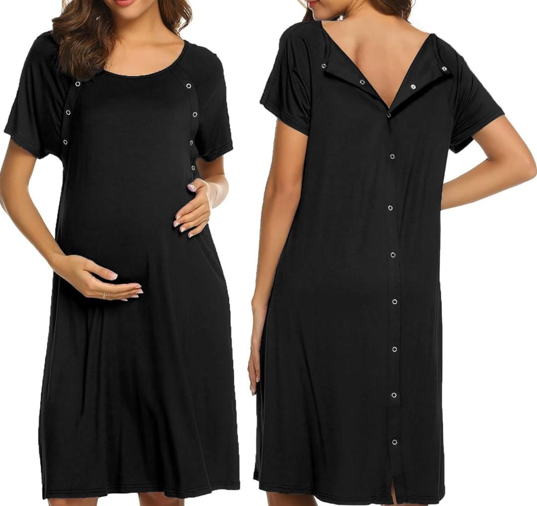 Ekouaer Women’s Nursing/Delivery/Labor/Hospital Nightdress Short Sleeve Maternity Nightgown with Button, M, Black