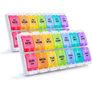 Sukuos AM PM Weekly Pill Organizer 2 Times A Day 2pcs, 7 Day Pill Box with Easy Push Button, BPA Free Medicine Case Vitamin Holder for Fish Oil/Supplements (Rainbow)