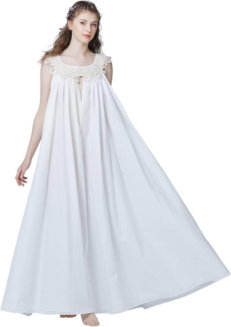 Victorian Nightgown for Women Vintage Nightie 100% Cotton Sleeveless Sleepwear Long Dress (White)