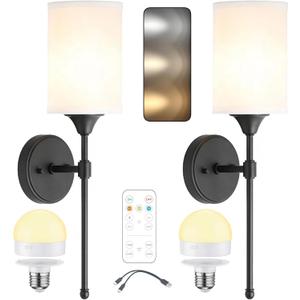 Battery Operated Wall Sconce Set of 2 with White Fabric Shade, 6000mAh Rechargeable Light Bulbs, and Color Changing Remote for Wireless Wall Light, Solid Steel (Black)