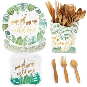 Sparkle and Bash 144-Piece Wild One Safari Party - 9in Paper Plates, 8oz Cups, 6in Flatware & 2-Ply Napkins - Disposable Jungle Tableware & Utensils