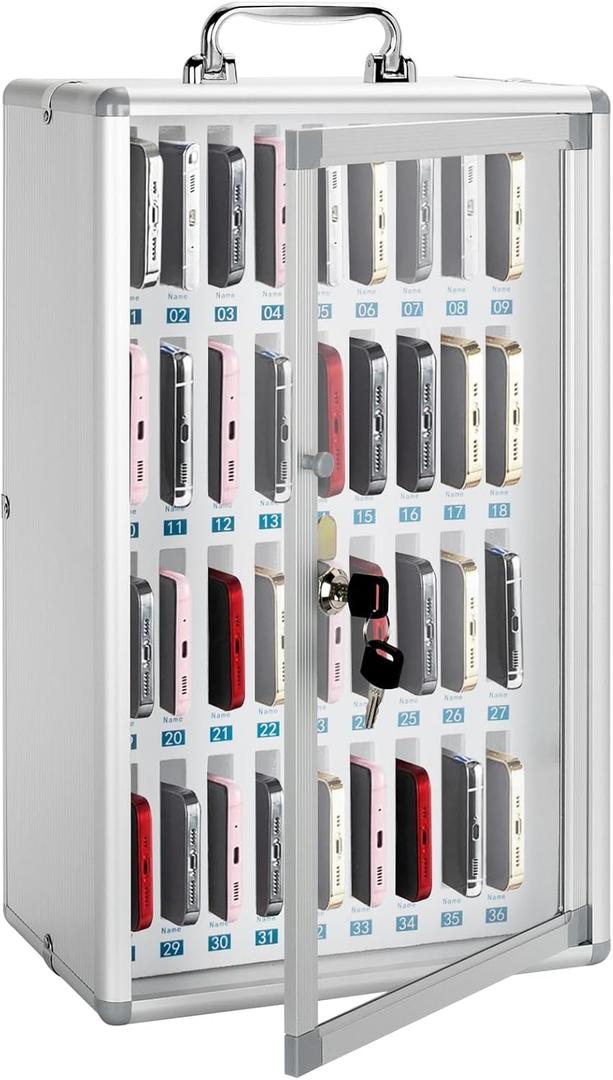 36 Slots Phone Locker, Cell Phone Storage Cabinet Pocket Chart Lock Box with Key [Wall Mounted] [Aluminum Alloy] Mobile Phone Lockbox with Handle for Classroom Office Exam (Silver)