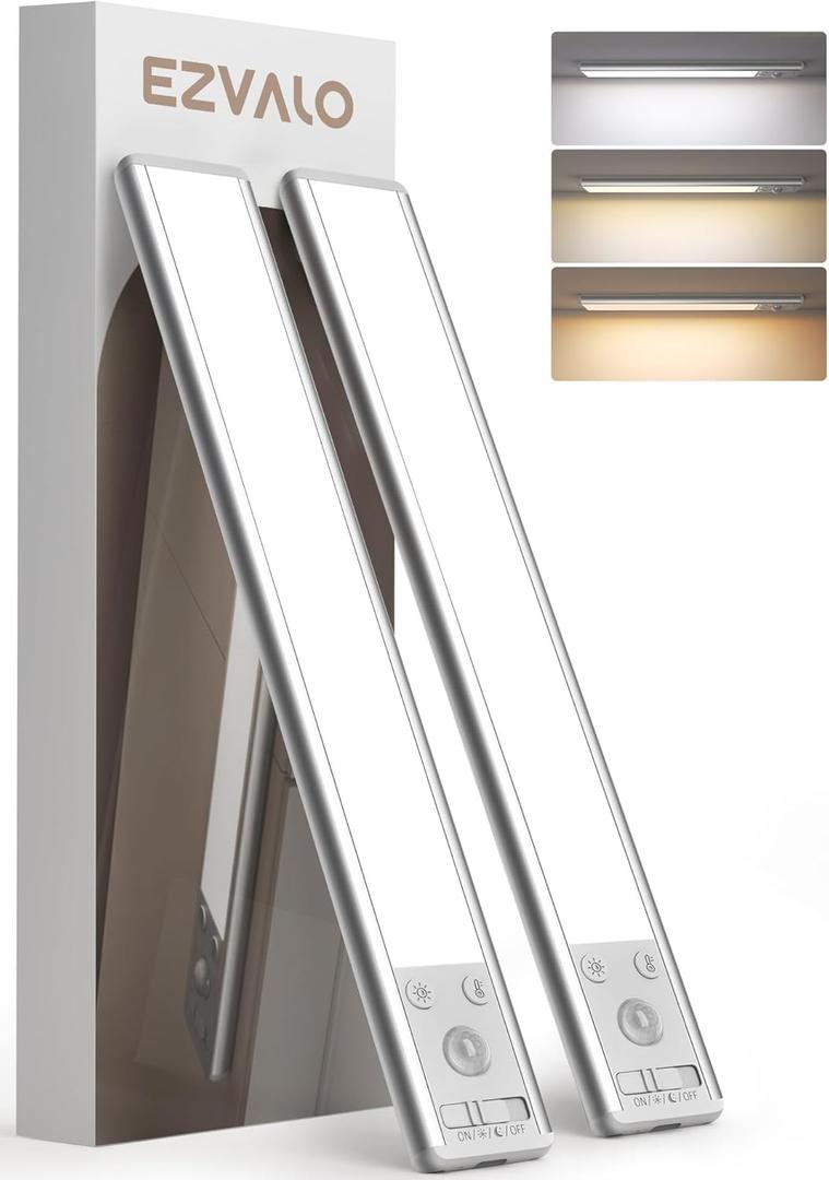 EZVALO Under Cabinet Lighting, 2400mAh Rechargeable Motion Sensor Light Indoor, 3 Color Temps, 5-Level Dimmable Magnetic Wireless Closet Lights for Kitchen, Pantry, Stairs (2 Pack) (8 inch, Silver)