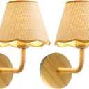 Set of Two Stick-On Hand Woven Wall Sconces, Battery Operated Wireless Wall Sconces with Remote Controlled, Adjustable Brightness Living Room Wall Decor(E26 Bulb Included)