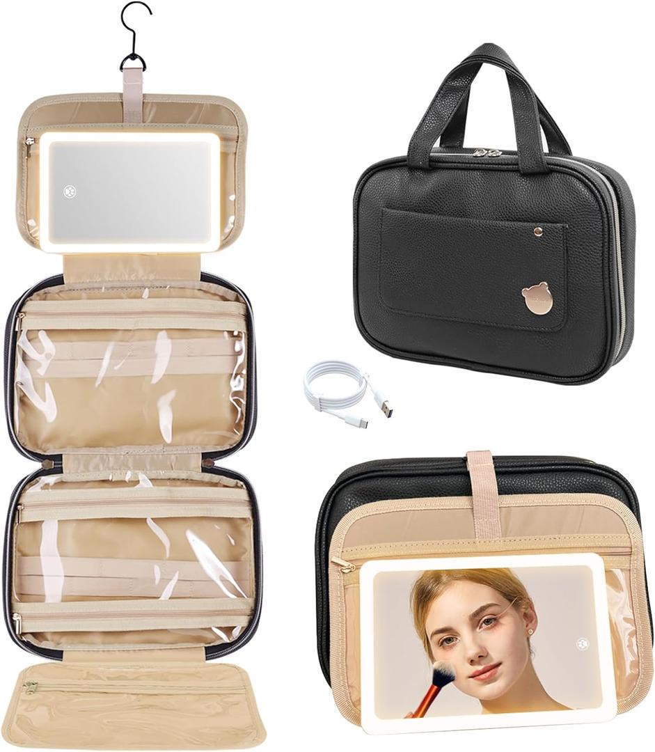 FENCHILIN Travel Toiletry Bag with Hanging Hook Large Capacity Makeup Organizer Bag with Lighted Makeup Mirror Organizer for Accessories, Shampoo, Toiletries