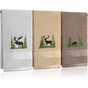 3 Pcs Famhouse Cabin Bear Hand Towels Forest Moose Deer Embroidered Decorative Bathroom Towels for Bathroom Kitchen Decor, 100% Cotton, 13.3 x 29.5'' (Elegant Color)