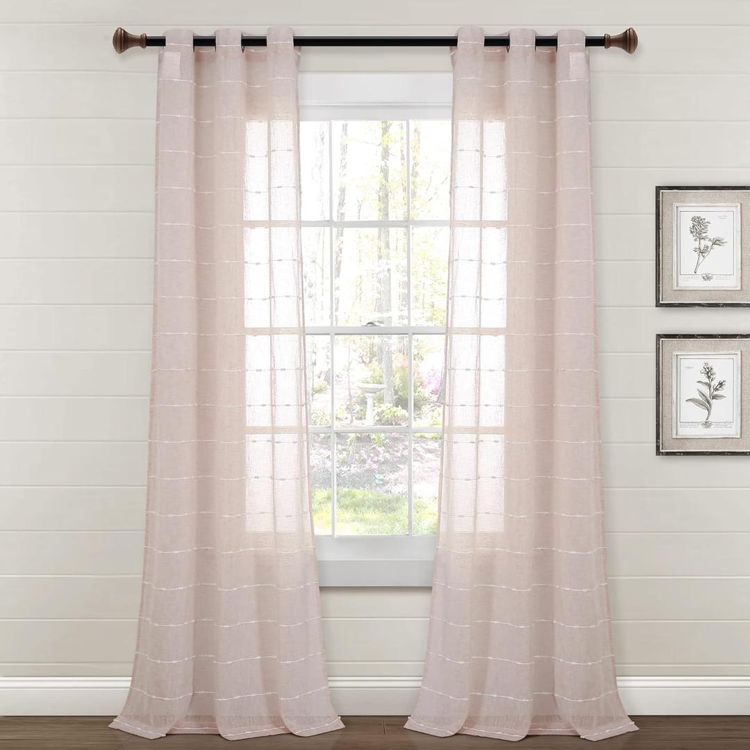Lush Decor Farmhouse Textured Grommet Sheer Window Curtain Panel Pair, 38"W x 84"L, Blush