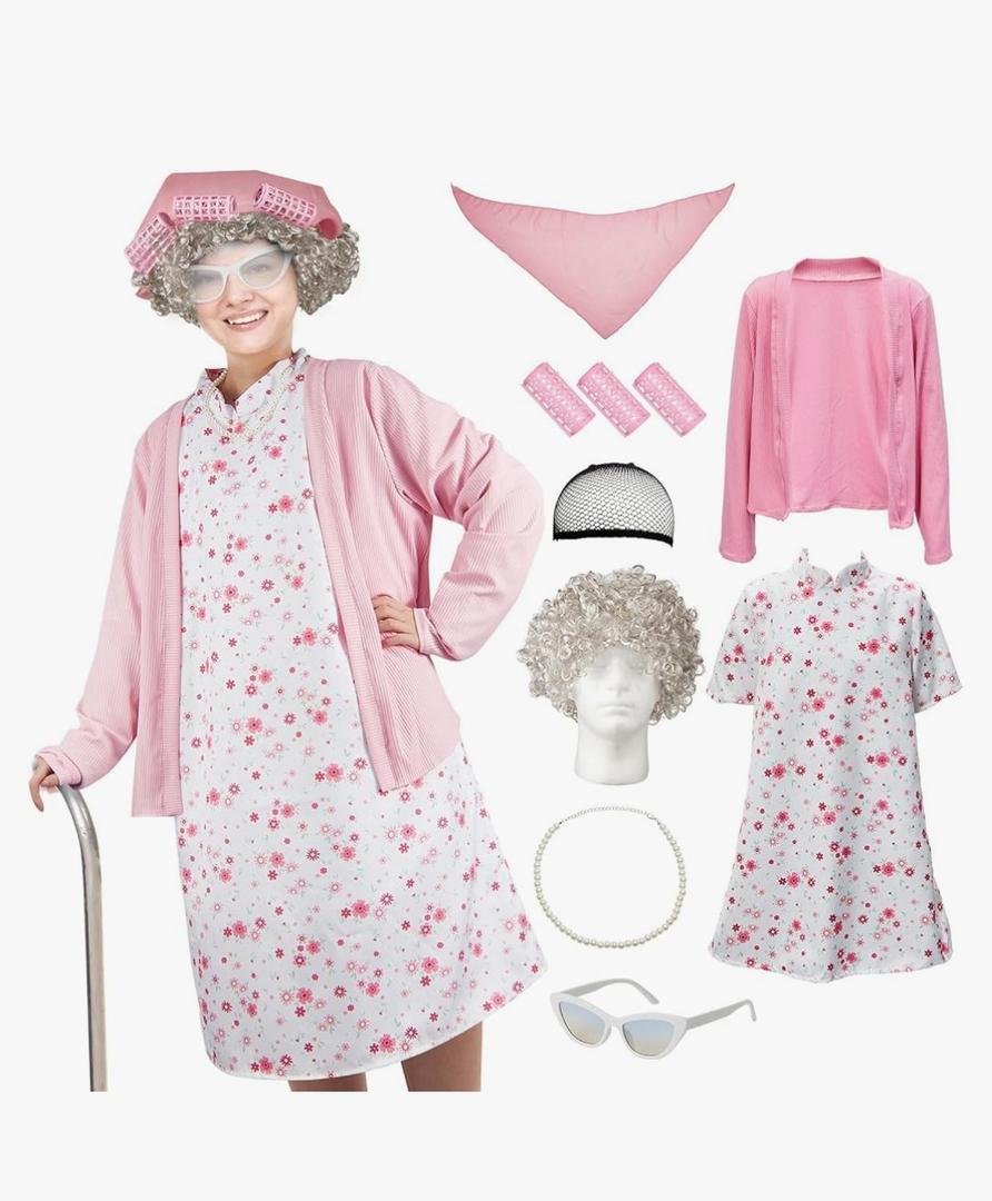 Zhanmai 7 Pcs Halloween Old Lady Costume Set 100 Days of School Grandma Costume Granny Dress for Woman Cosplay Accessories(Pink Flower, Small, Kid)
