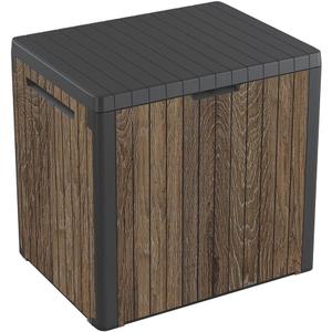 Keter Signature Everwood 30 Gallon Resin Outdoor Storage Box and Patio Furniture Side Table for Pool and Garden Accessories, Walnut