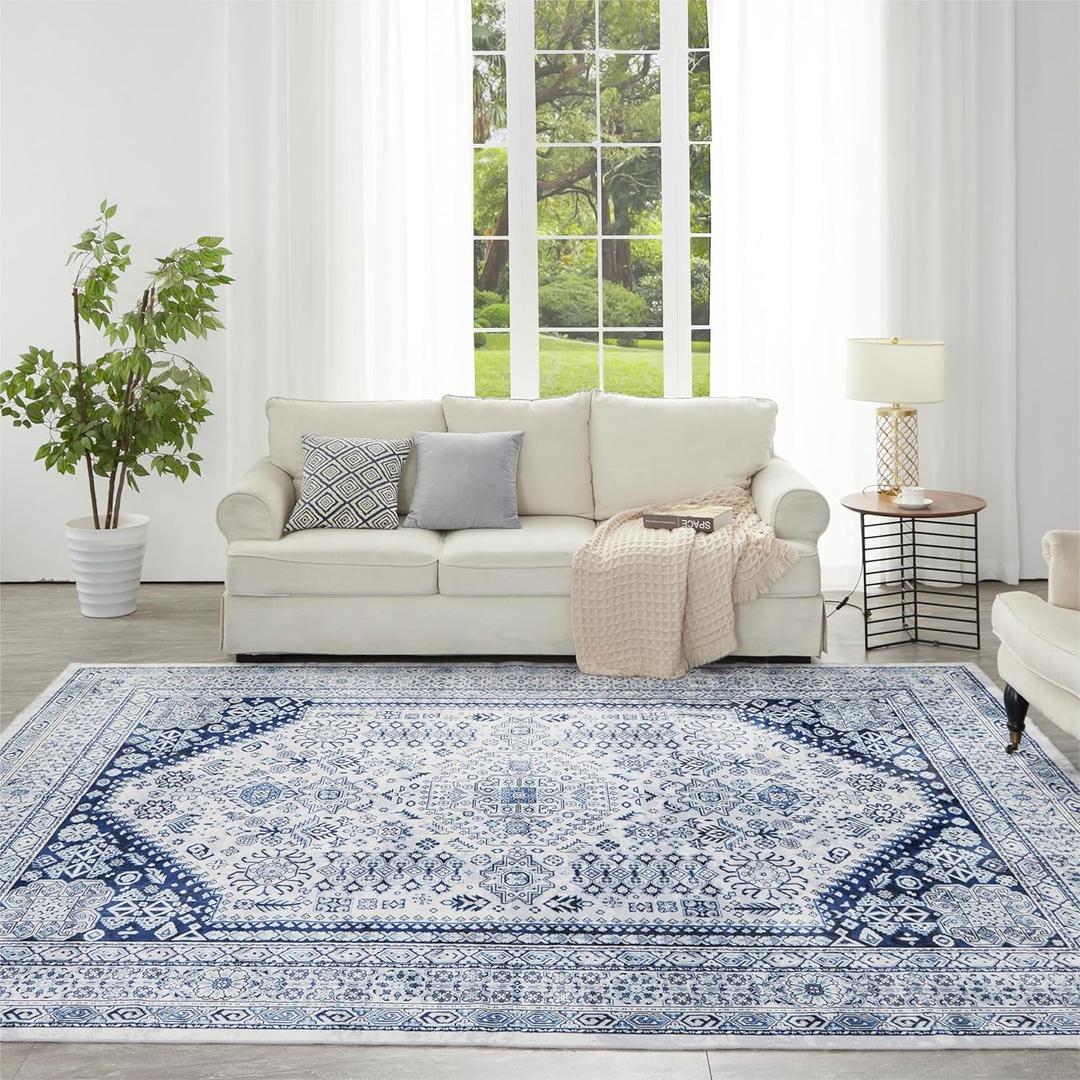 Syalife Washable Rugs, 5'x 7' Distressed Indoor Non-Shedding Low Pile Carpet with Non Slip Backing, Vintage Area Rugs for Living Room, Bedroom, Dining Room, Office (Navy Blue, 5'x 7')