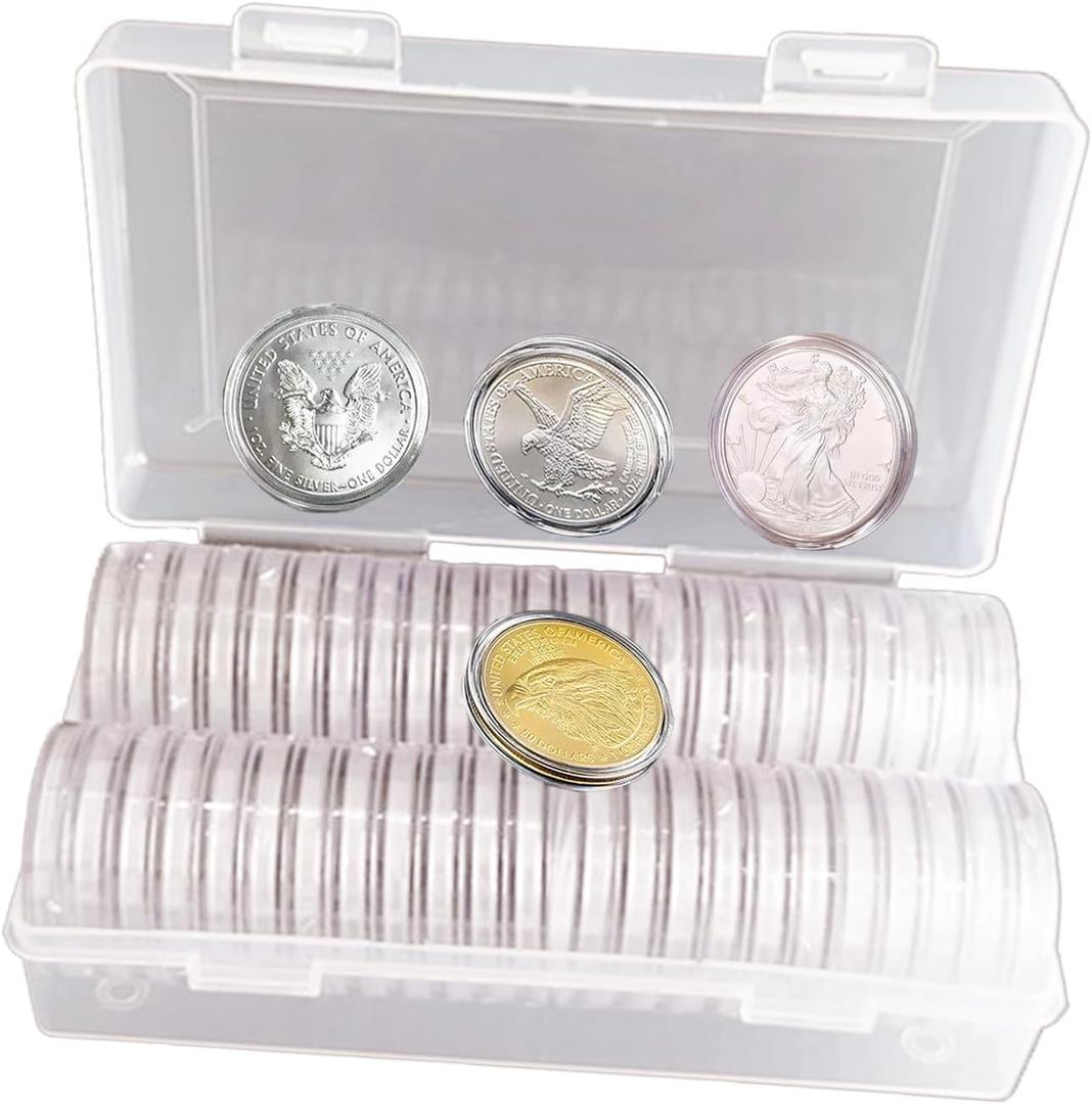 XYZsundy 40.6mm Silver Dollar Coin Holder, Silver Eagles Coin Capsules for Collectors with Clear Plastic Storage Organizer Box for Coin Collection Supplies (50)