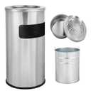 Outdoor Trash Can with Lid, Stainless Steel Garbage Can Commercial Silver Metal Round Waste Bin with Removable Inner Barrel for Patio Hotel Garden 11.8" x 24" (Sliver)