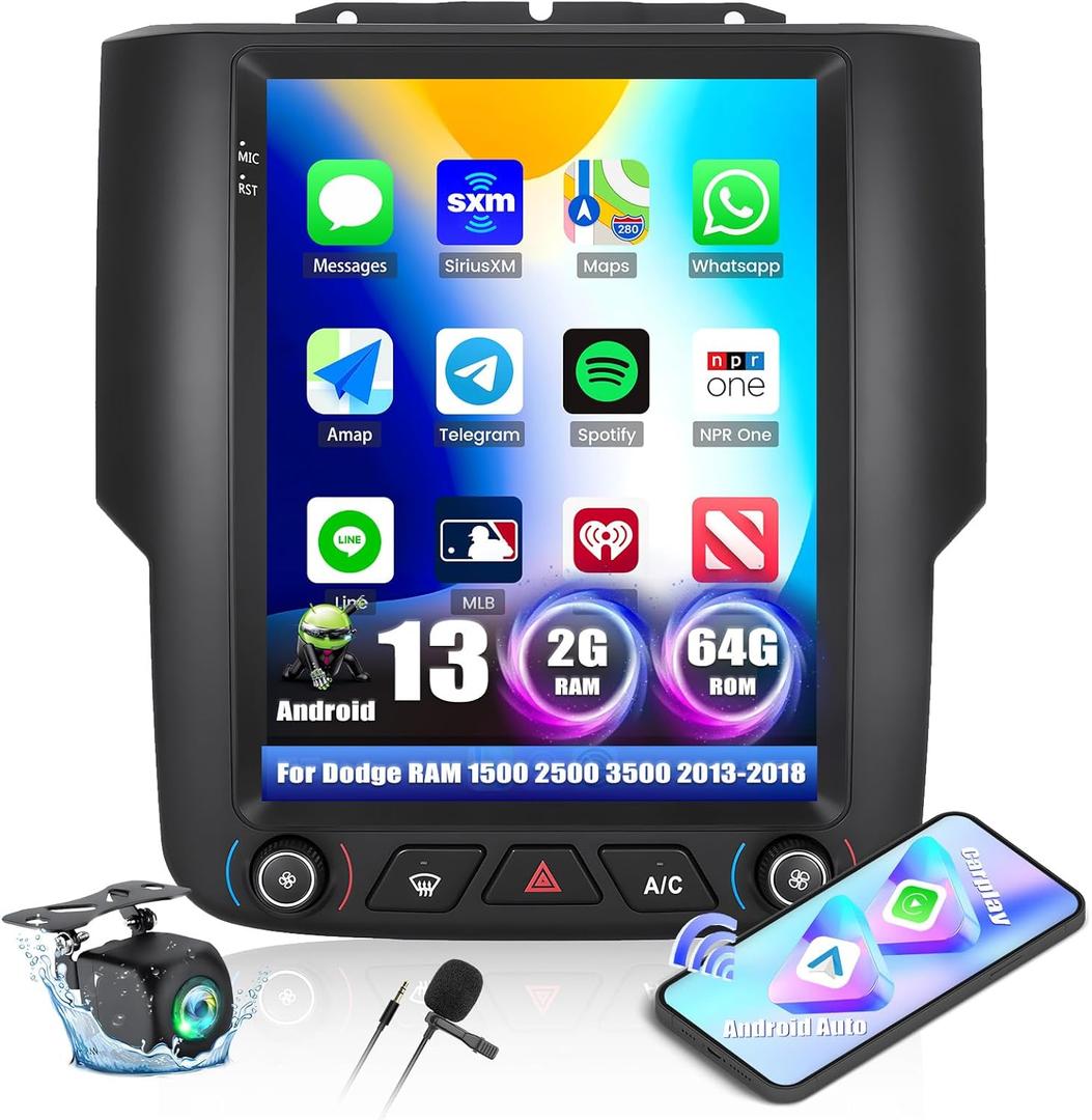 2+64G Android 13 Car Stereo for Dodge RAM 1500 2500 3500 2013-2018(Manual AC) with Wireless Carplay Android Auto, 9.7  Touchscreen in Dash GPS Radio with GPS WiFi BT FM RDS EQ SWC Backup Camera