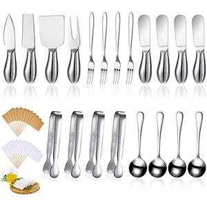 Patelai Charcuterie Board Accessories Cheese Spreader Knife Set Charcuterie Utensils Butter Knife Stainless Steel Mini Serving Tongs Spoons Appetizer Forks for Pastry Christmas(Silver,20 Pieces)