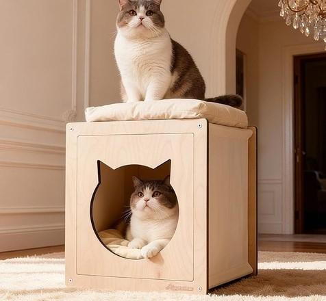 Wooden Cat beds for Indoor Cats,Large Double Cat House Cave with 2 Soft Cushion,Warm Cozy Pet Hideaway for Kittens & Big Cats,17.7"x16.9"x19.68" Natural