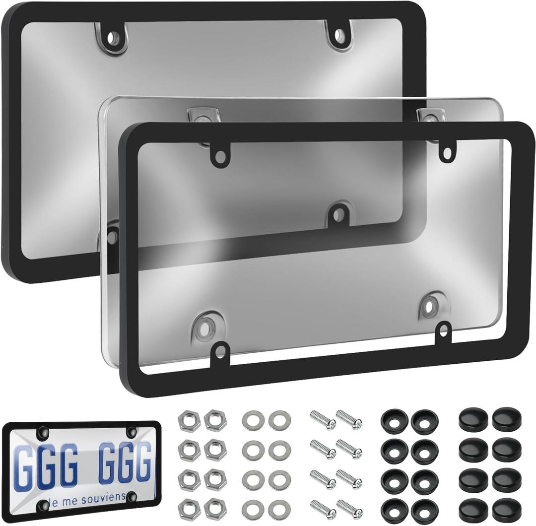 2 Pack License Plate Protector, Plastic Car Front/Rear License Plate Protector with Screws Caps, Universal Car Accessories for Most Cars (Black)