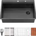 33 Inch Black Drop In Kitchen Sink, 33x22 Drop In Kitchen Sink Single Bowl Black Stainless Steel Workstation 16 Gauge Deep Topmount with Offset Drain