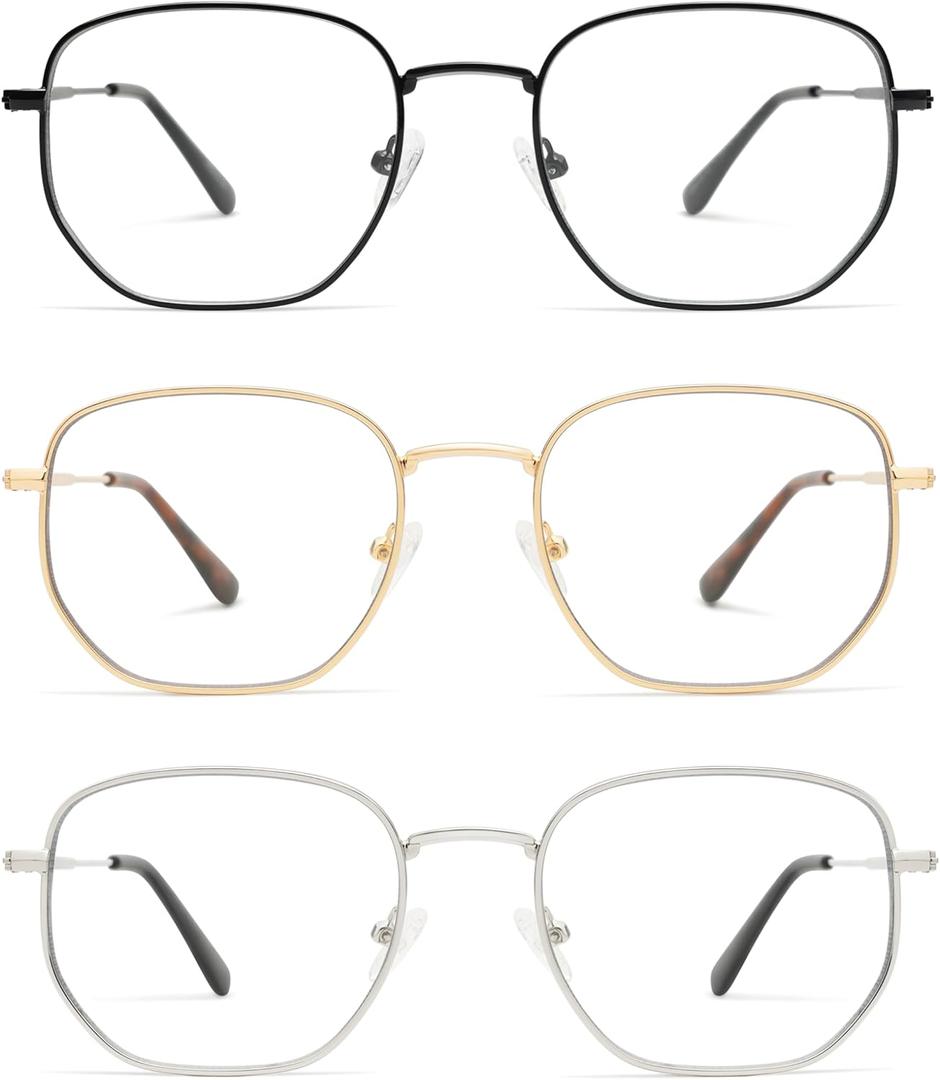 3-Pack Retro Square Reading Glasses for Men Women Classic Blue Light Blocking Computer Readers Metal Frame AM6123 (Shiny Black+gold+silver)