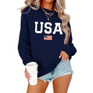 Dressmine Womens USA Shirt Casual Long Sleeve Graphic Tees Knit Crew Neck Sweatshirts Loose Pullover, Large, 00 Navy Blue