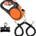 Dual Retractable Dog Leash for Small Breed (Up to 44 Lbs Each) - Double Headed 16 ft Extendable Pet Leash with Poop Bags, Non Slip Grip - One Button Break & Lock, 360 Tangle-Free (Orange, Medium)