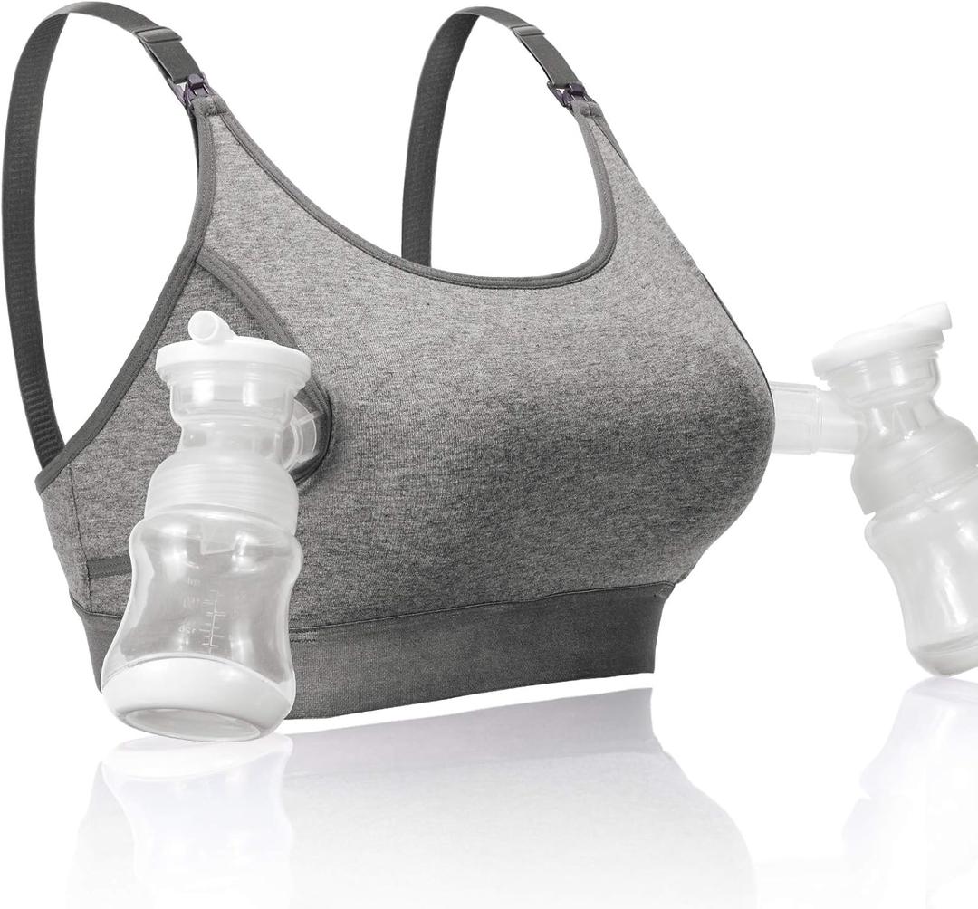Momcozy Hands Free Pumping Bra, Adjustable Breast-Pumps Holding and Nursing Bra, Pumping & Nursing Bra in One (Large, Grey)