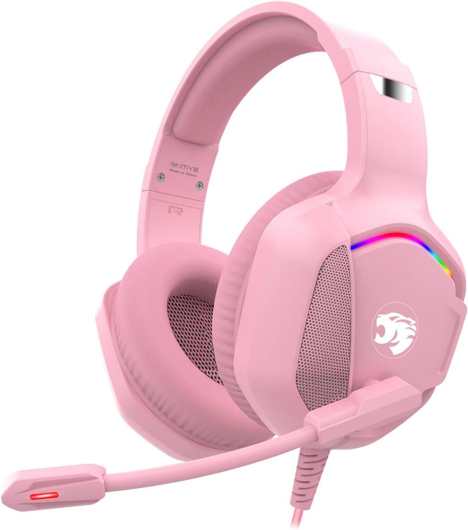 Gaming Headset with Microphone for Pc, Xbox One Series X/s, Ps4, Ps5, Switch, Stereo Wired Noise Cancelling Over-Ear Headphones with Mic, RGB, for Computer, Laptop, Mac, Nintendo (Pink)