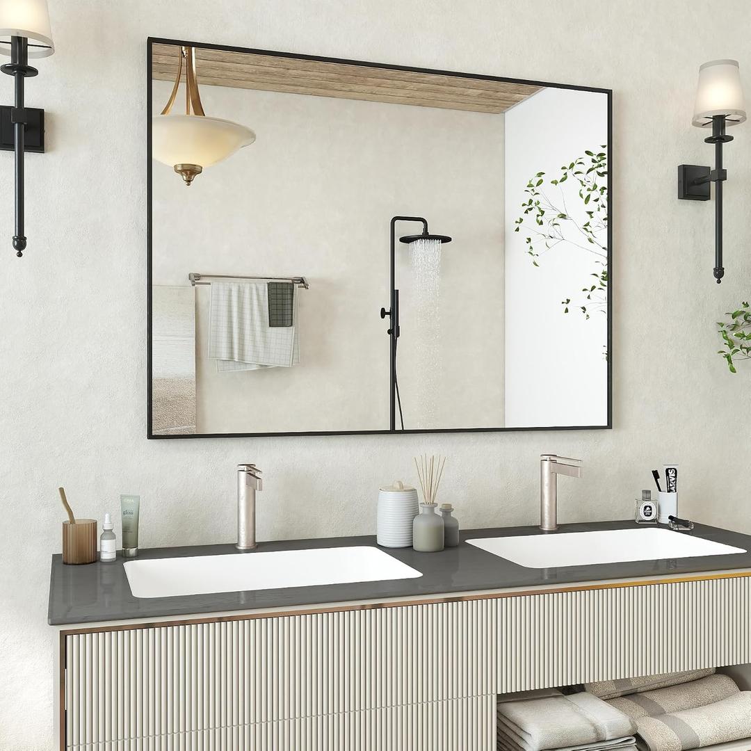 48x36 Inch Black Bathroom Mirror, Metal Framed Vanity Mirror for Wall, Anti-Rust Decorative Rectangle Mirror, Shatter-Proof Home Decor Farmhouse Mirror (Horizontal/Vertical)