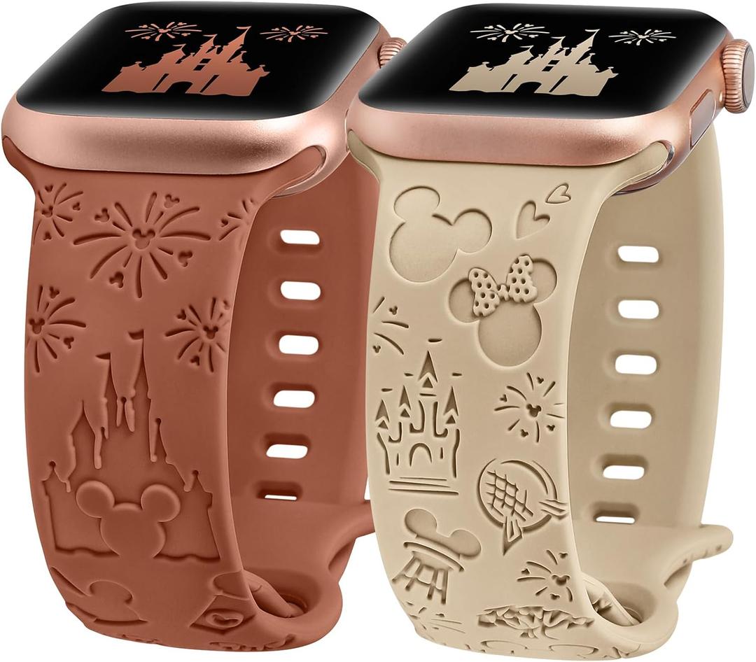 2 Packs Cartoon Engraved Band Compatible with Apple Watch Band 38/40/41/42/ 44/45/ 46/49mm Women, Cute Designer Soft Silicone Strap for iWatch Series 11 10 9 8 7 6 5 4 3 SE/Ultra 3 2 1 (Walnut & Brown)