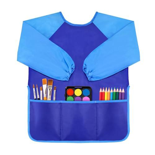 DaiUni Art Smock for Kids, Toddler Paint Smock, Kids Painting Apron, Waterproof Children Artist Craft Apron With Long Sleeve and 3 Pockets for Age 2-6 (Blue)