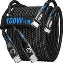 USBC to USBC 100W [10ft/2 Pack] USB C to USB C Fast Charging Cable Braided C to C Charger Cord 5A for MacBook Pro/Air, iPhone 16 15 Pro Max Plus,iPad Pro,Samsung Galaxy S24 Ultra S23,Pixel,PS5,Switch