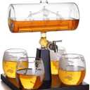 Boat Whiskey Decanter Set with 4 Glasses  1100ml Elegant Ship-in-Bottle Design on Wooden Base  Premium Glass & Wood, 310ml Glasses  Luxury Gift for Whiskey Lovers, Office or bar