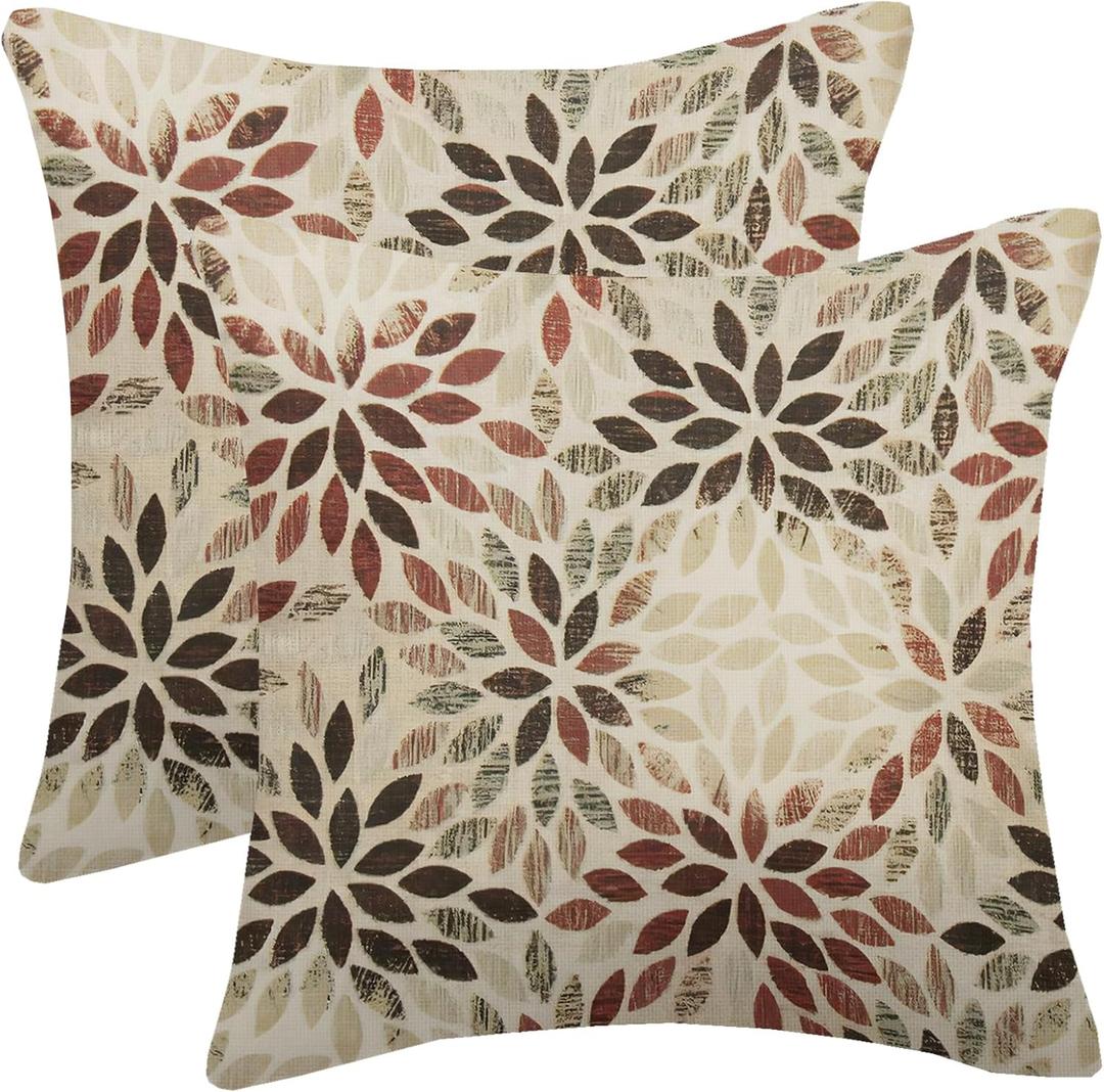 Burgundy Red Brown Pillow Covers 16x16 Inch Set of 2 Summer Rust Geometric Flower Outdoor Decorative Throw Pillows Farmhouse Dahlia Pillow Case Linen Square Cushion Cover for Home Sofa Bedroom