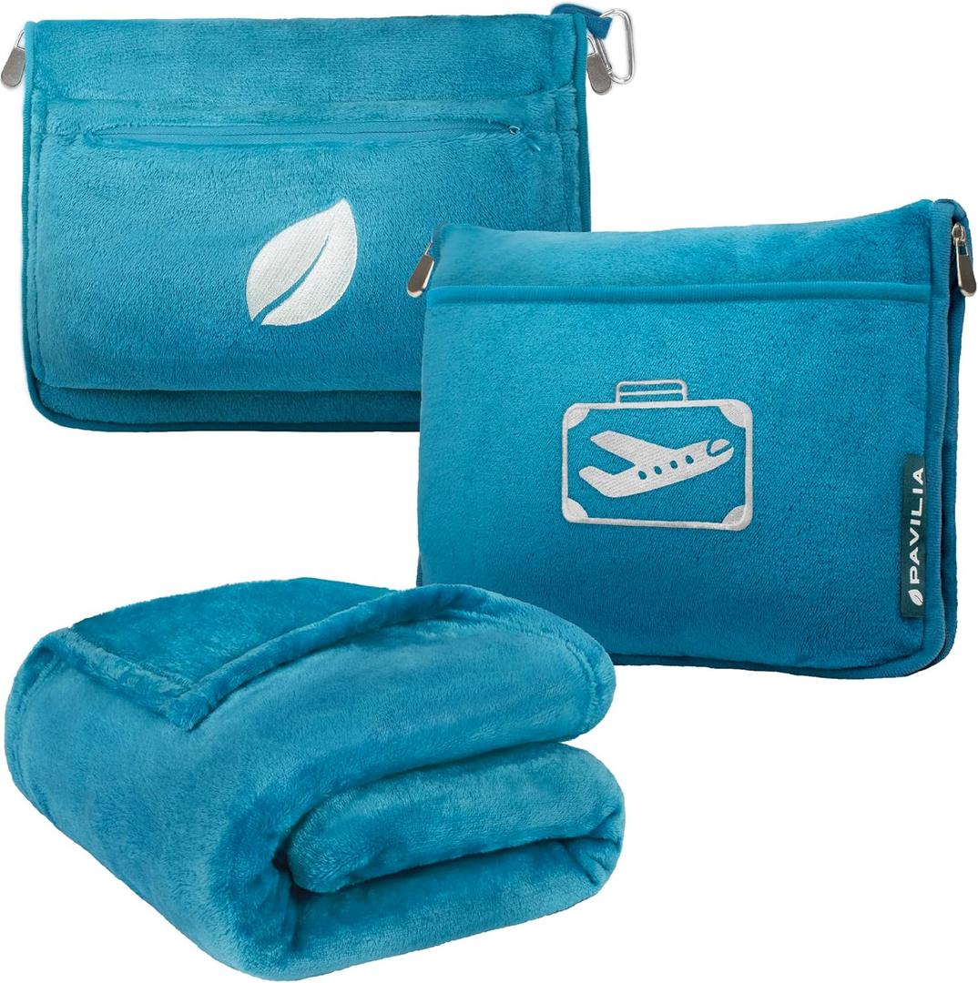 PAVILIA Travel Blanket Pillow in Soft Bag with Pockets, Airplane Blanket Set, Plane Blanket Compact Packable, Flight Essentials Car Pillow, Travelers Accessories Gifts, Luggage Strap, Turquoise (65 x 40 inches, Sea Blue)