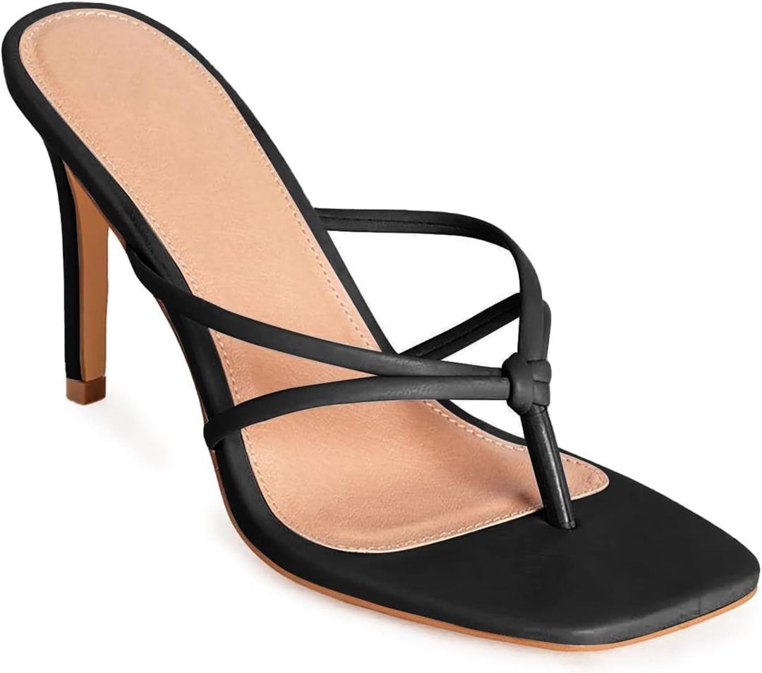 Coutgo Womens Strappy Heeded Sandals Square Toe Flip Flops Fashion Stiletto Thong Slip On Sandals (8, Black)