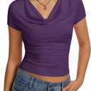Women's Cowl Neck Tops Short Sleeve Slim Fit Ruched T-Shirts Summer Casual Dressy Business Blouses Going Out Top (M)