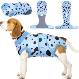 Kuoser Dog Surgery Suit, Soft Dog Spay Recovery Suit Female, Anti Licking Neuter Recovery Suit for Male Dogs, Post-Op Pet Surgical Suit Protective Wear E-Collar & Cone Alternative, Blue Polka Dots L (Large (Back: 16.1" - 20.1"; Weight: 23 - 48LB))