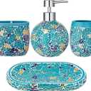 Handmade Blue Mosaic Glass Bathroom Accessory Sets 4PCS Bathroom Accessories Set Complete Includes Lotion Dispenser Toothbrush Holder Tumbler Cup & Vanity Tray