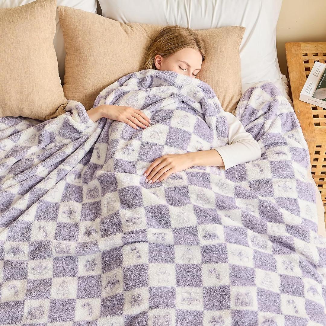 EMME Checkered Blanket Twin Size - 60"x80" Lavender Knit Blanket Soft Fluffy Patterned Blankets for Couch, Sofa, Chair, Bed, Camping, Picnic, Travel