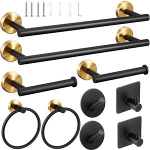 10 Pcs Matte Bathroom Hardware Set SUS304 Bathroom Hanger Set 16 Inch Hand Towel Bar Towel Holder Toilet Paper Holder Angled Hook 2 Robe Towel Hooks Wall Mounted Accessory (Black, Gold)