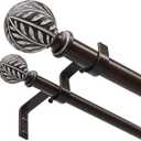 Walnut Wood Double Curtain Rods 36-122 Inch, Decorative Boho Long Dual Curtain Rods for Windows with Handmade Faux Wood Leaf Finials, 1 Inch Adjustable Heavy Duty Spliced Double Rod