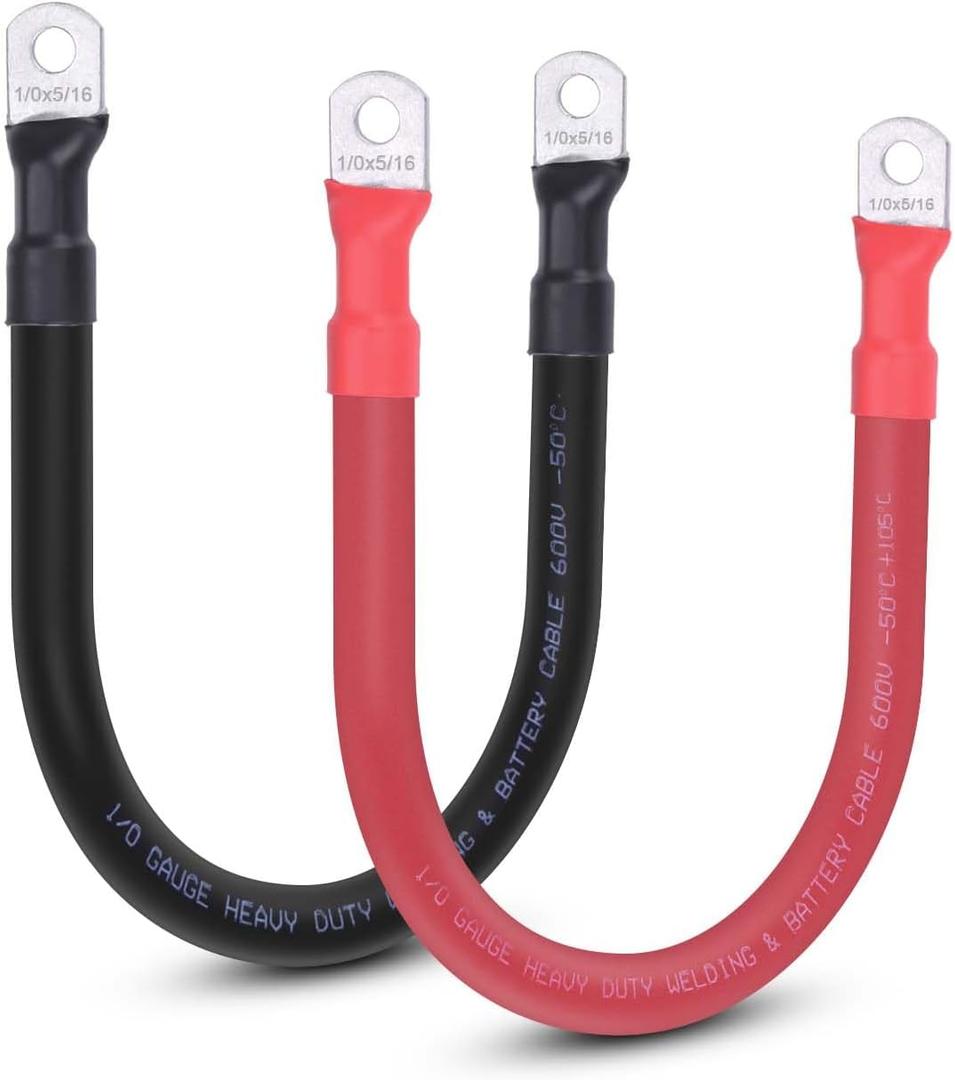 1/0 AWG Flexible Battery Cable with 5/16" Terminals - OFC Pure Copper Inverter & Welding Wire for Automotive Solar RV Motorcycle (Red + Black 1FT Pair)