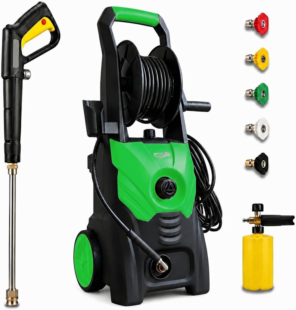2600 PSI Max Electric Pressure Washer, Hose Reel, Green