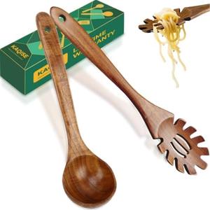 KAQISE Wooden Spoons for Cooking, 2Pcs Wooden Kitchen Utensils, Wooden Pasta Fork and Ladle for Spaghetti, Nostick Teak Wood Utensil Set for Cooking (Ladle & Spaghetti Server)
