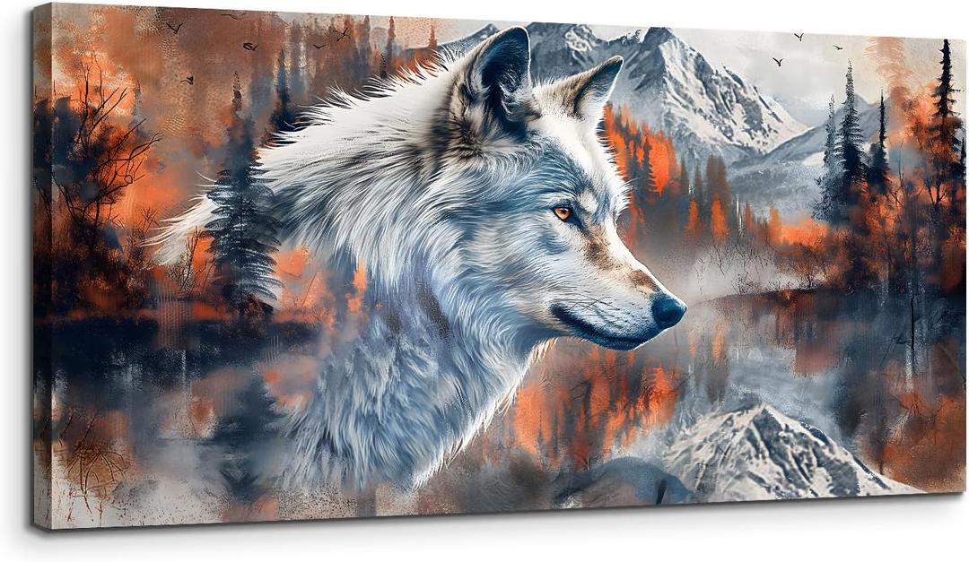 SERIMINO Large Canvas Wall Art for Living Room, Animal Silver Wolf Office Decor Art Prints, Abstract Winter Landscape Pictures Wall Decor Aesthetic, Nature Modern Home Decor Paintings 29"X57"